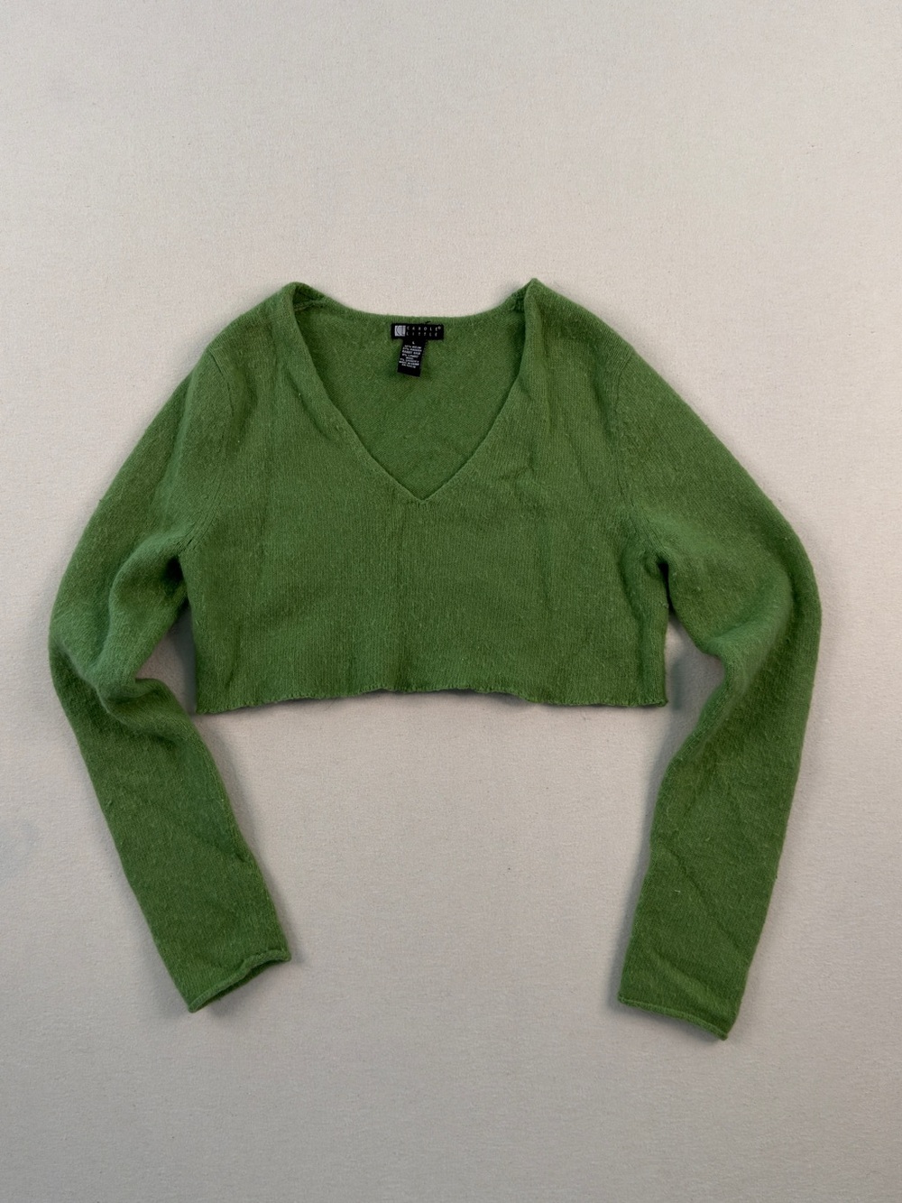 Carole Little Green Angora Blend Cropped Sweater Y2K Soft Girl Knit Top